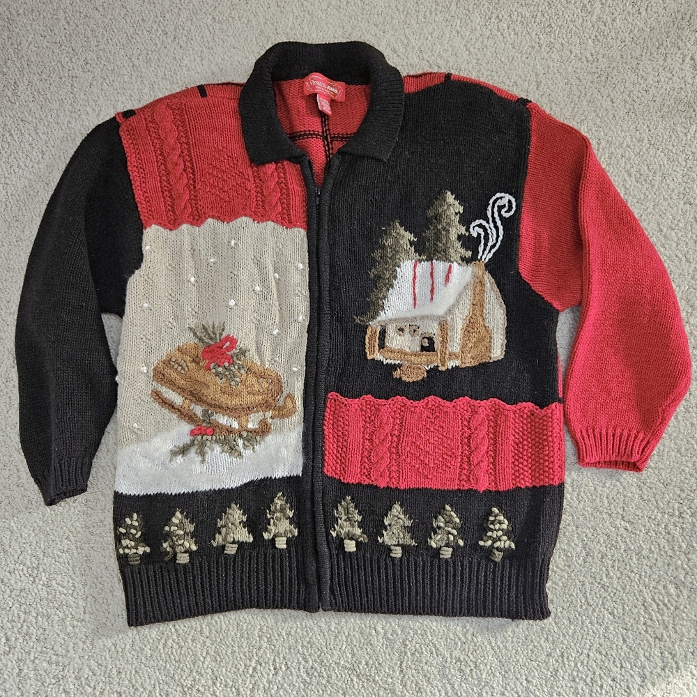 90s Venezia Jeans Holiday Cardigan Sweater Full Zip Red Black Knit Vintage 18 20